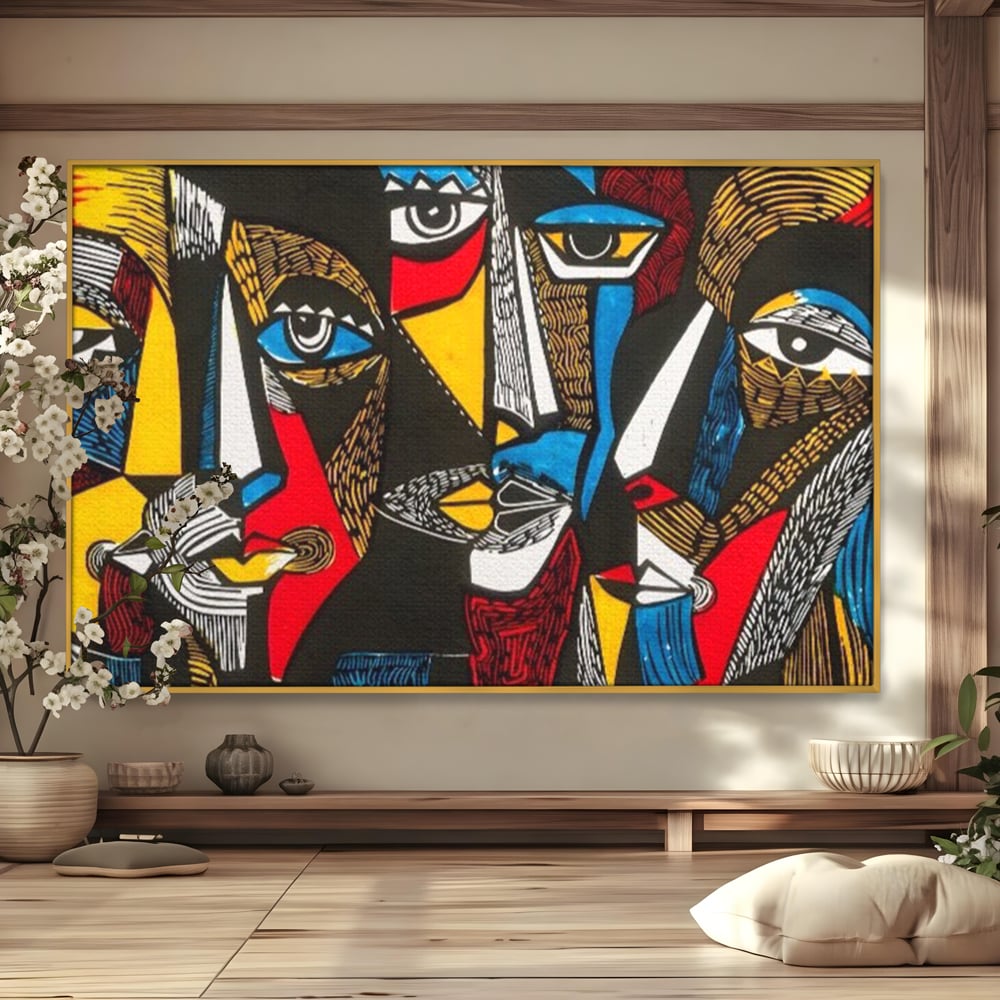 Tablou canvas cu tablou abstract cu fete colorate, in rama de aluminiu auriu